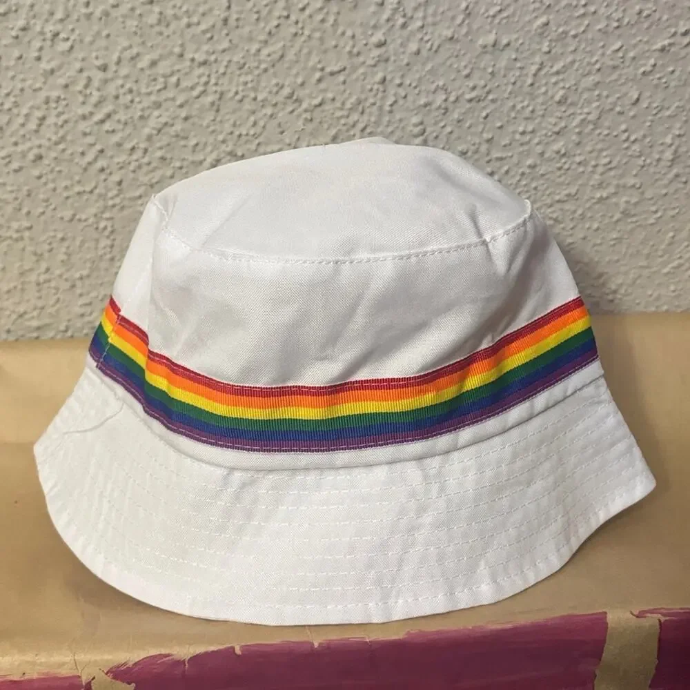 White Bucket Pride Hat with Rainbow Stripe Colorful Casual Dopamine Festival O/S